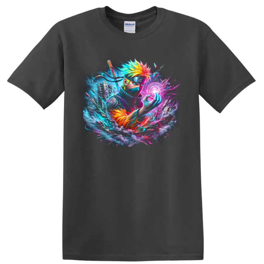 Kakashi Hatake neon anime ninja with glowing energy orb and futuristic city artwork on a Charcoal T Shirt