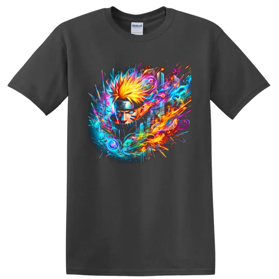Naruto Uzumaki portrait with neon fire, electric swirls, and futuristic ninja art on a Charcoal T Shirt