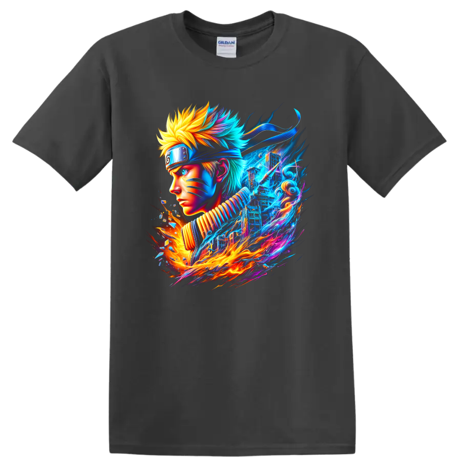 Naruto Uzumaki neon ninja portrait with blue energy and fiery action art on a Charcoal T Shirt