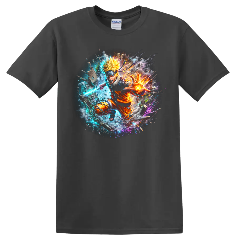 Naruto Uzumaki anime action graphic with fiery energy, blue lightning, and debris on a Charcoal T Shirt