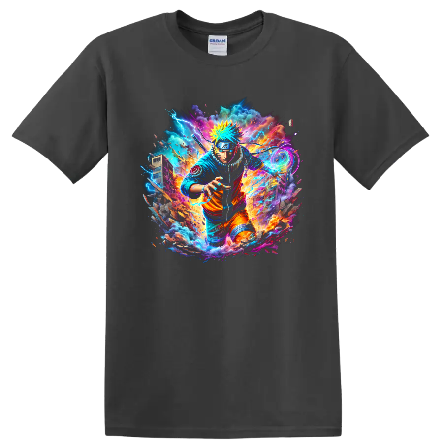 Naruto Uzumaki neon ninja action graphic with lightning and swirling energy on a Charcoal T Shirt