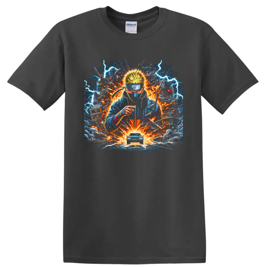 Kakashi Hatake anime action art with lightning, fire, storm clouds, and blue car on a Charcoal T Shirt