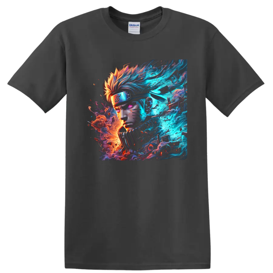 Naruto Uzumaki neon anime portrait with blue energy and orange fire effects on a Charcoal T Shirt