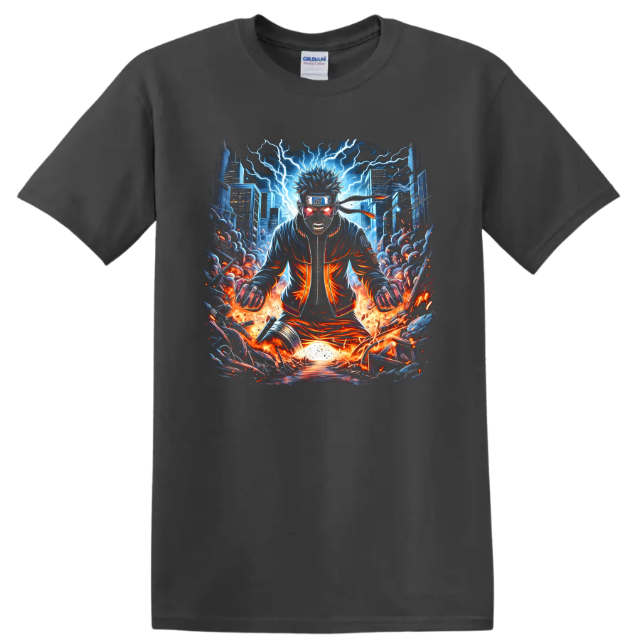 Naruto Uzumaki in cyberpunk anime style with lightning, flames, and a futuristic city on a Charcoal T Shirt