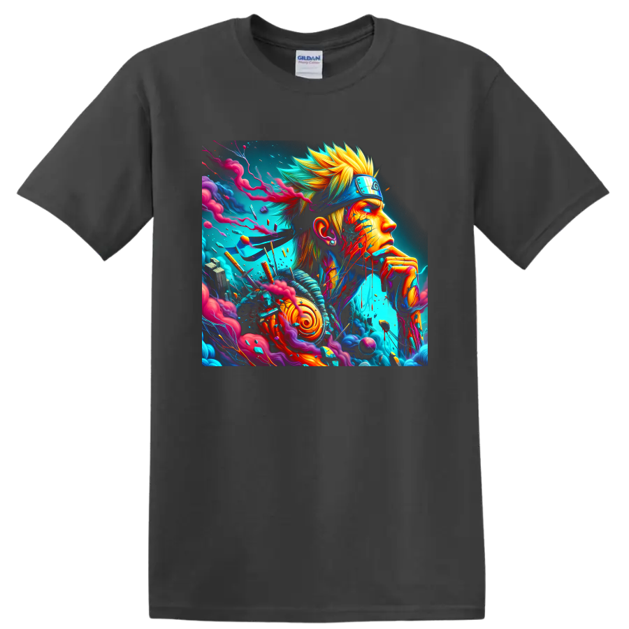 Naruto Uzumaki neon anime ninja portrait with swirling smoke and colorful energy art on a Charcoal T Shirt