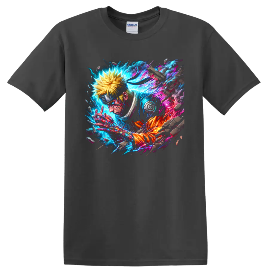 Naruto Uzumaki cyber ninja artwork with electric neon energy and shattered stone on a Charcoal T Shirt