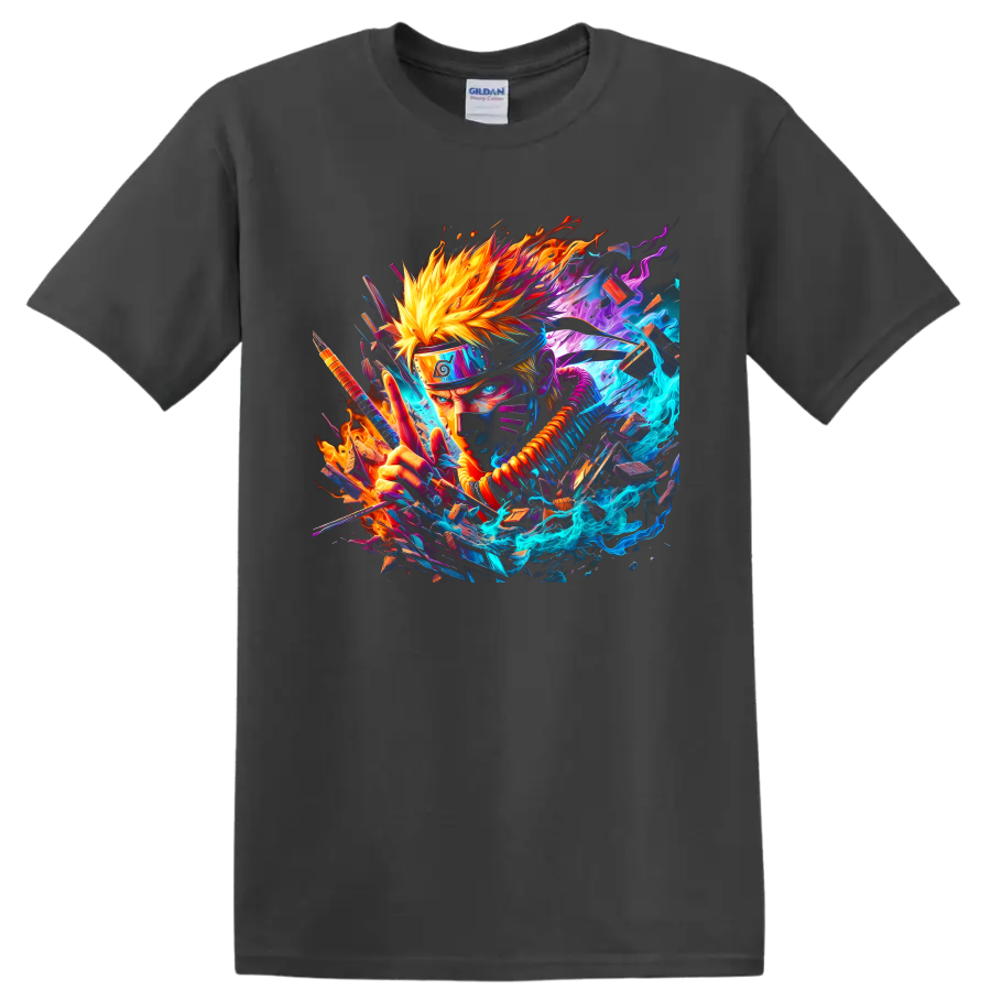Naruto Uzumaki neon anime action graphic with blue energy and orange flames on a Charcoal T Shirt