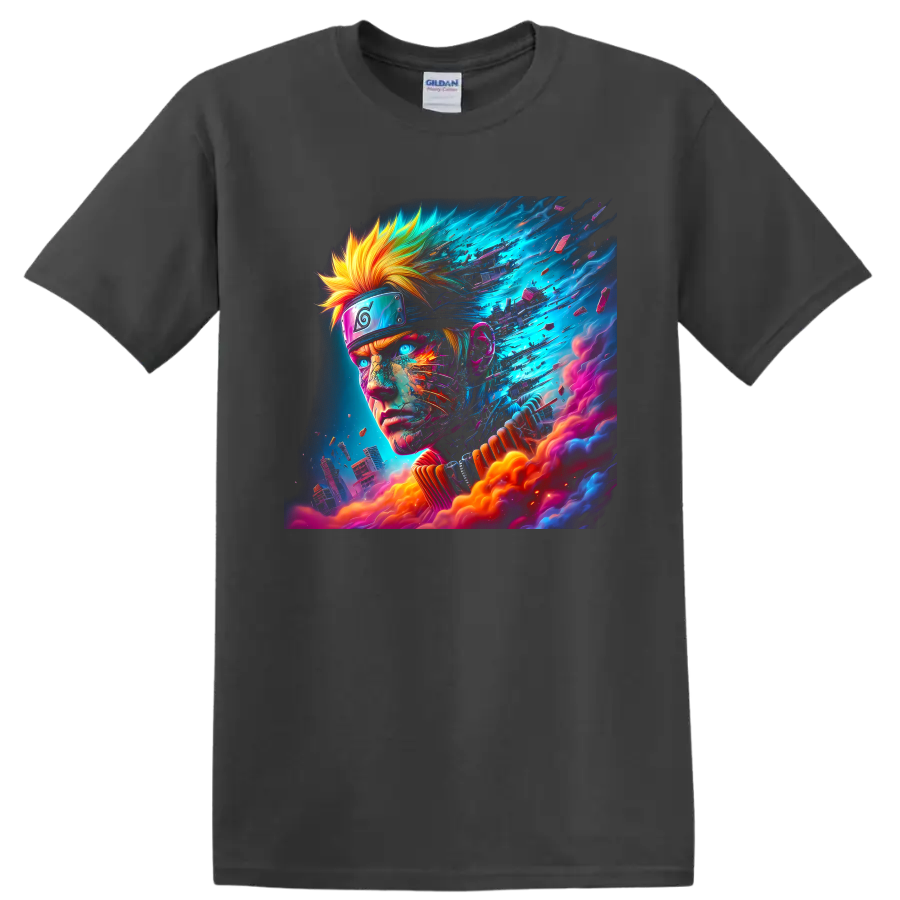Naruto Uzumaki neon cyberpunk portrait with energy fragments and futuristic city on a Charcoal T Shirt