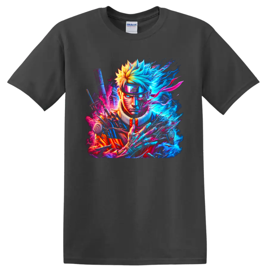 Naruto Uzumaki neon cyber ninja portrait with sword, spiral emblems, and energy effects on a Charcoal T Shirt