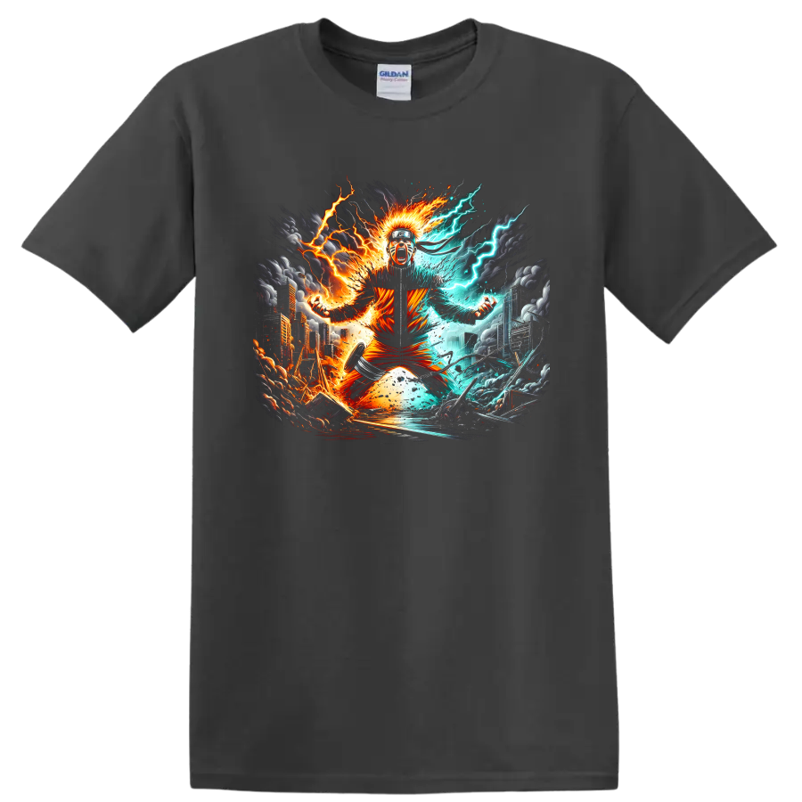 Naruto Uzumaki anime ninja with fiery orange energy and aqua lightning on a Charcoal T Shirt