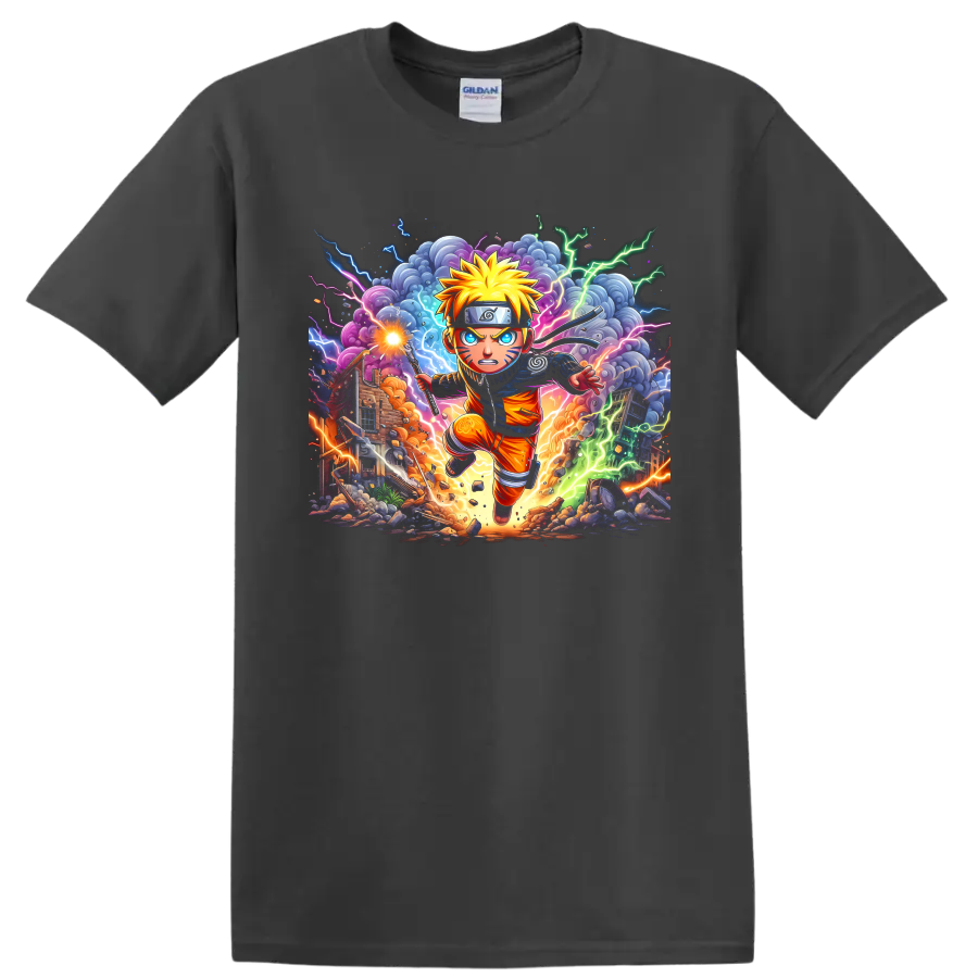 Naruto Uzumaki running in a vivid lightning battle anime graphic print on a Charcoal T Shirt