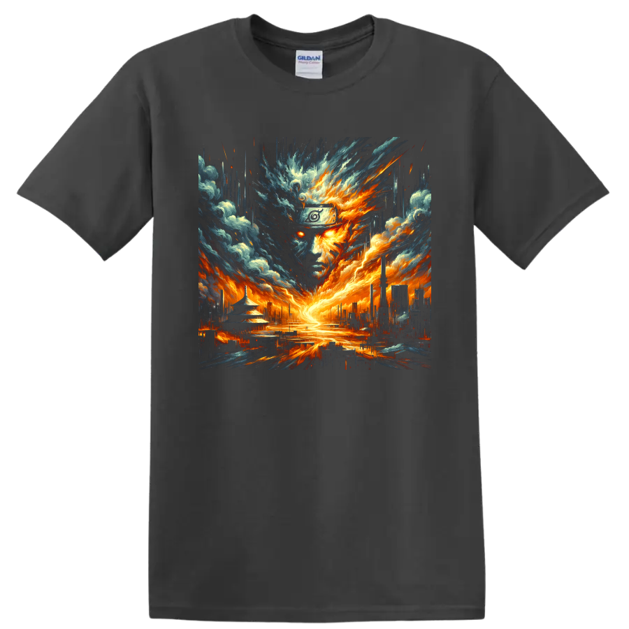 Naruto Uzumaki fiery storm portrait with a glowing cityscape in dramatic anime art on a Charcoal T Shirt
