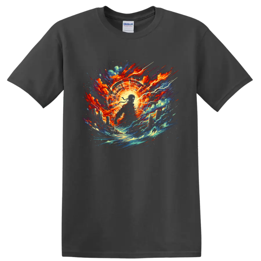 Naruto Uzumaki-inspired ninja with cosmic city, energy burst, waves, and lightning on a Charcoal T Shirt