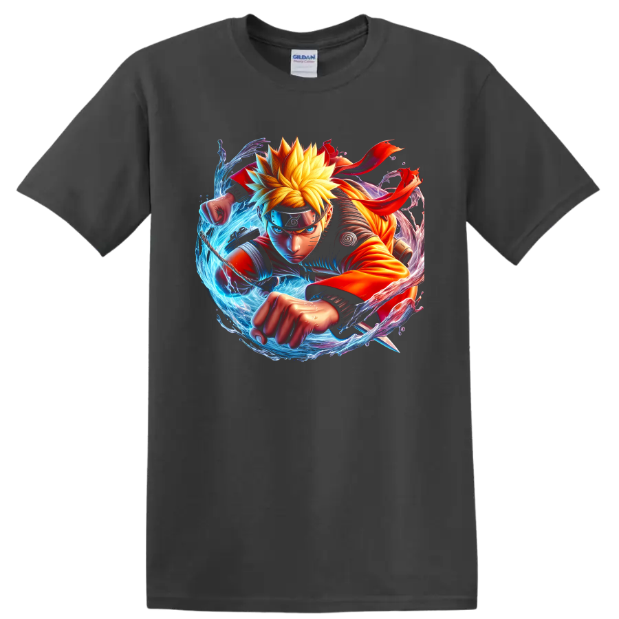 Naruto Uzumaki anime ninja action graphic with blue energy and fiery orange motion on a Charcoal T Shirt