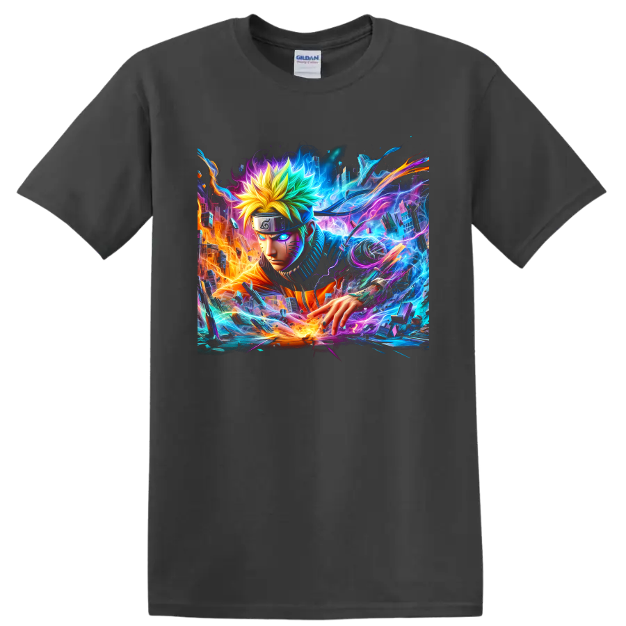 Naruto Uzumaki neon cyberpunk ninja graphic with glowing energy and futuristic city on a Charcoal T Shirt