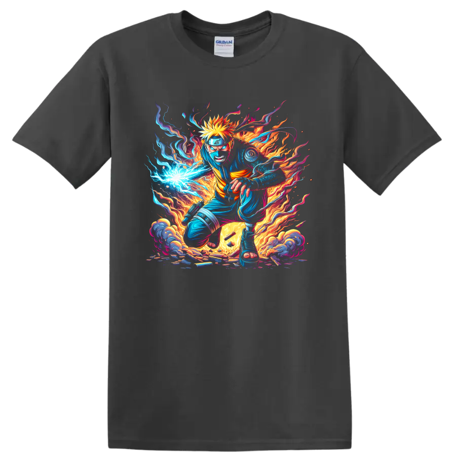 Naruto Uzumaki ninja action graphic with blue energy, flames, and smoke on a Charcoal T Shirt