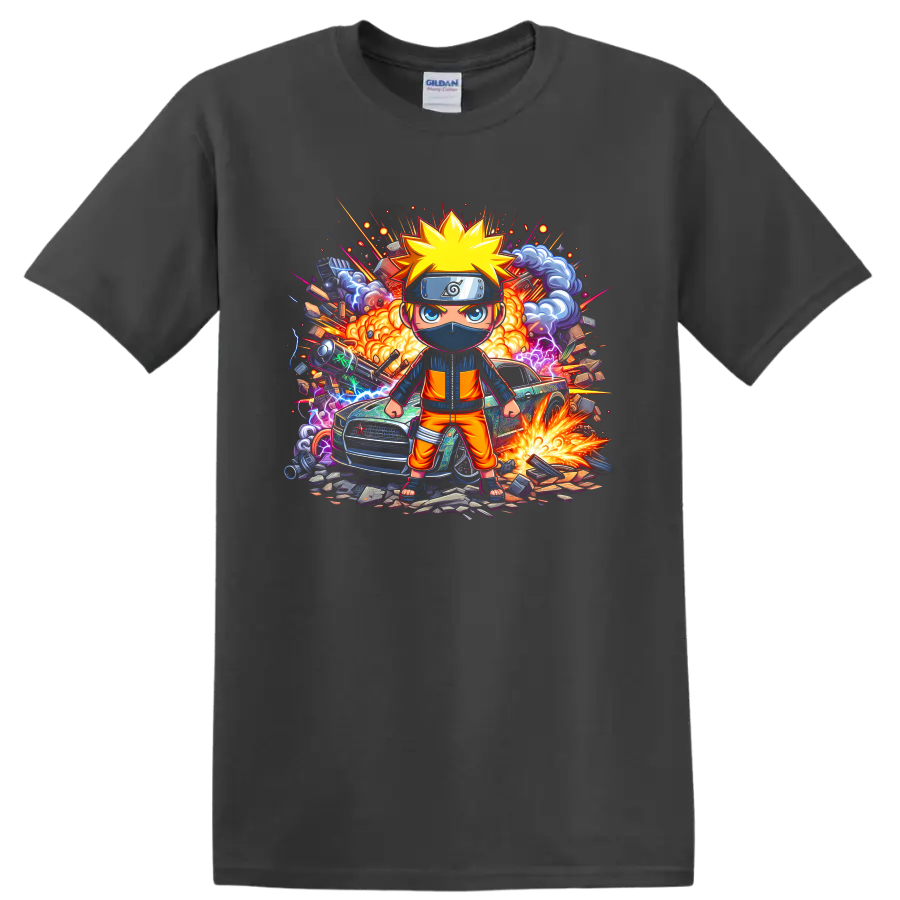 Chibi Naruto Uzumaki ninja with explosions, lightning, smoke, and sports car action on a Charcoal T Shirt