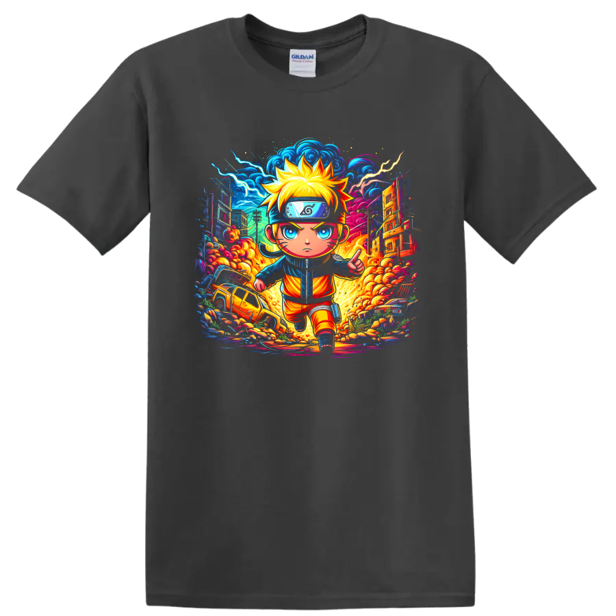 Naruto Uzumaki chibi ninja running through a neon lightning city action scene on a Charcoal T Shirt