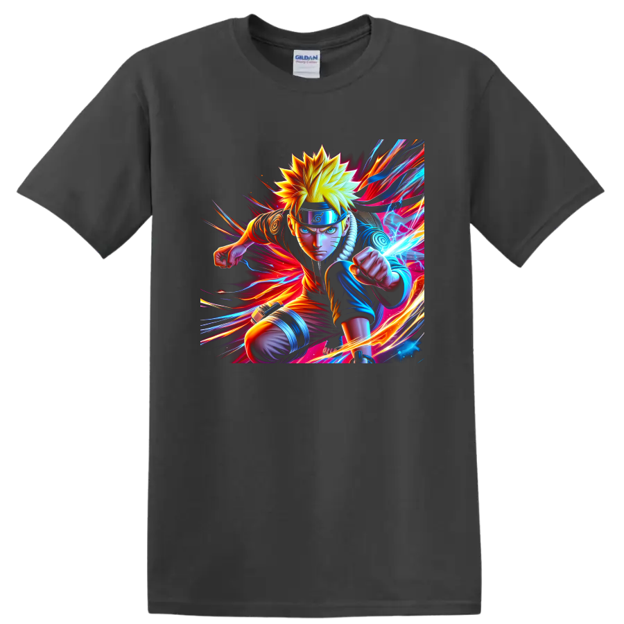 Naruto Uzumaki charging with Rasengan in vivid neon anime action art on a Charcoal T Shirt