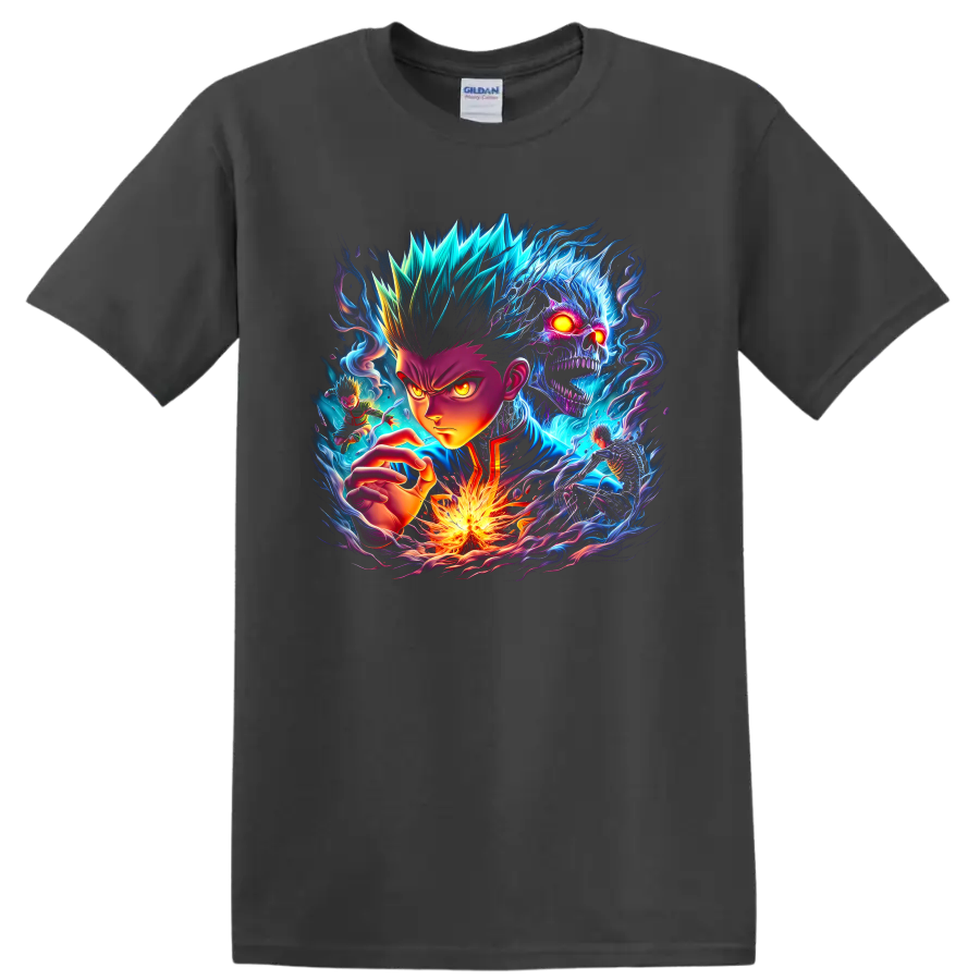 Gon Freecss neon fantasy graphic with spectral skull, fire, and swirling energy on a Charcoal T Shirt