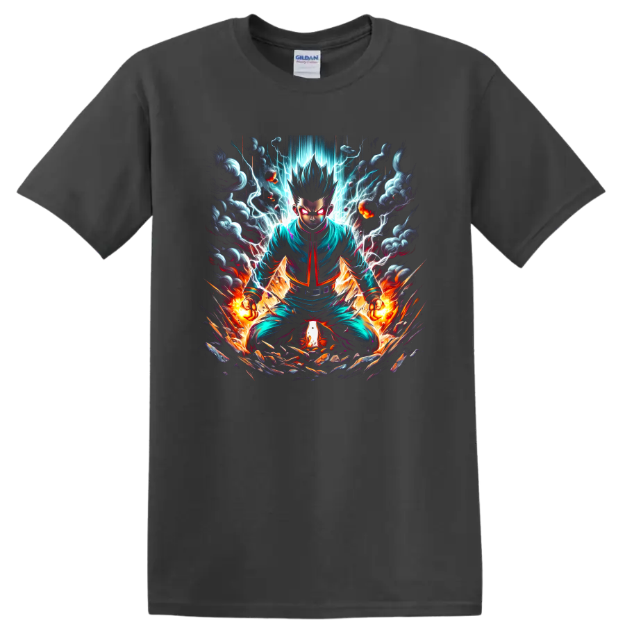 Hajime Kashimo anime warrior graphic with lightning, flames, and storm clouds on a Charcoal T Shirt