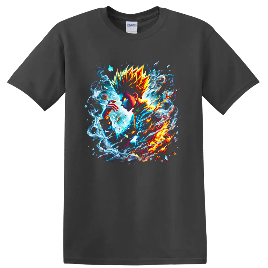Killua Zoldyck anime portrait with electric blue energy and fiery fantasy artwork on a Charcoal T Shirt