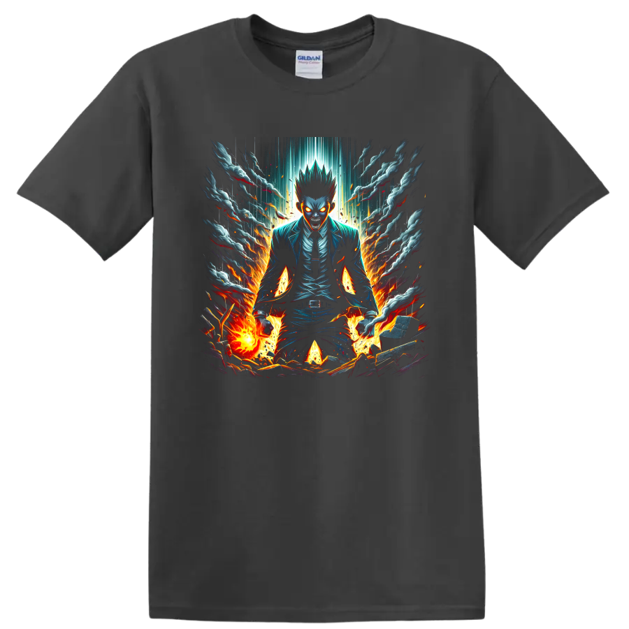 Souichi Kiruma Usogui manga-style graphic with flames, smoke, sparks, and glowing eyes on a Charcoal T Shirt