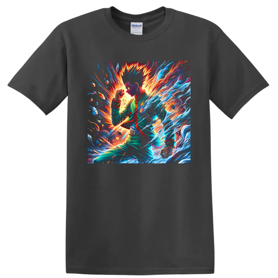 Gon Freecss and Killua Zoldyck anime battle art with blue energy and fiery light on a Charcoal T Shirt