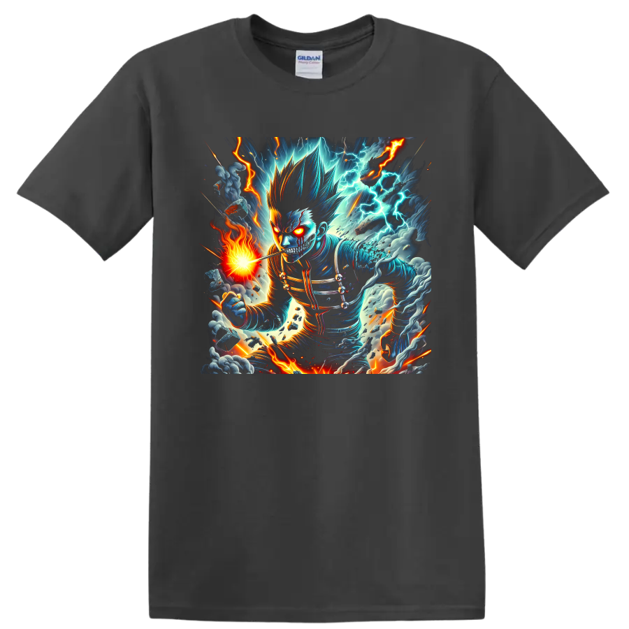 Cosmic Garou anime battle graphic with lightning, fire, storm clouds, and glowing eyes on a Charcoal T Shirt