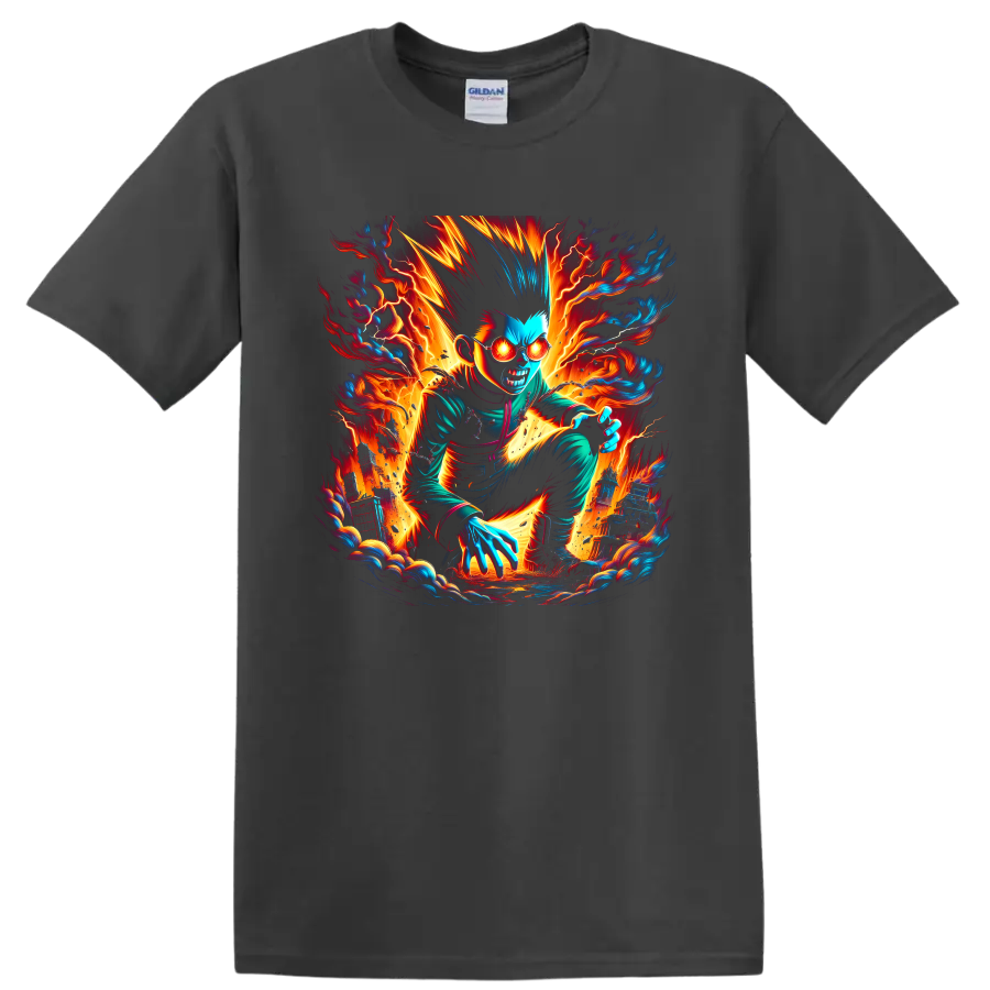 Gon Freecss in a fiery electric anime action graphic on a Charcoal T Shirt