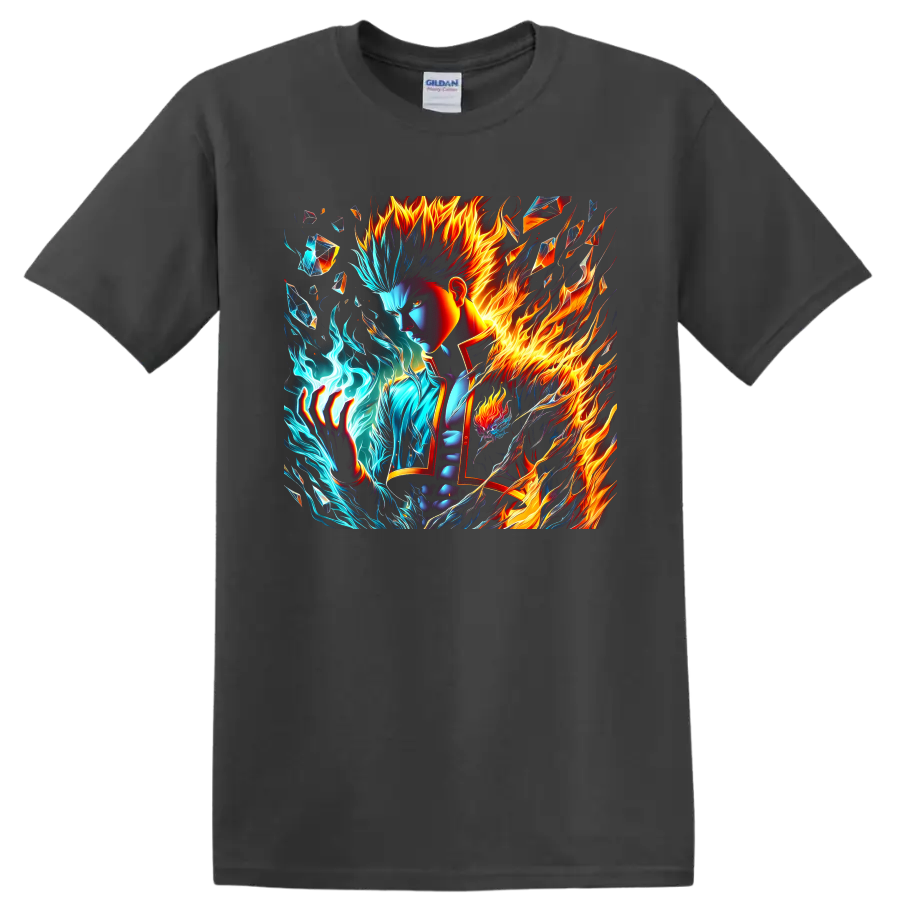 Shoto Todoroki fire and ice anime-style graphic with crystalline shards on a Charcoal T Shirt