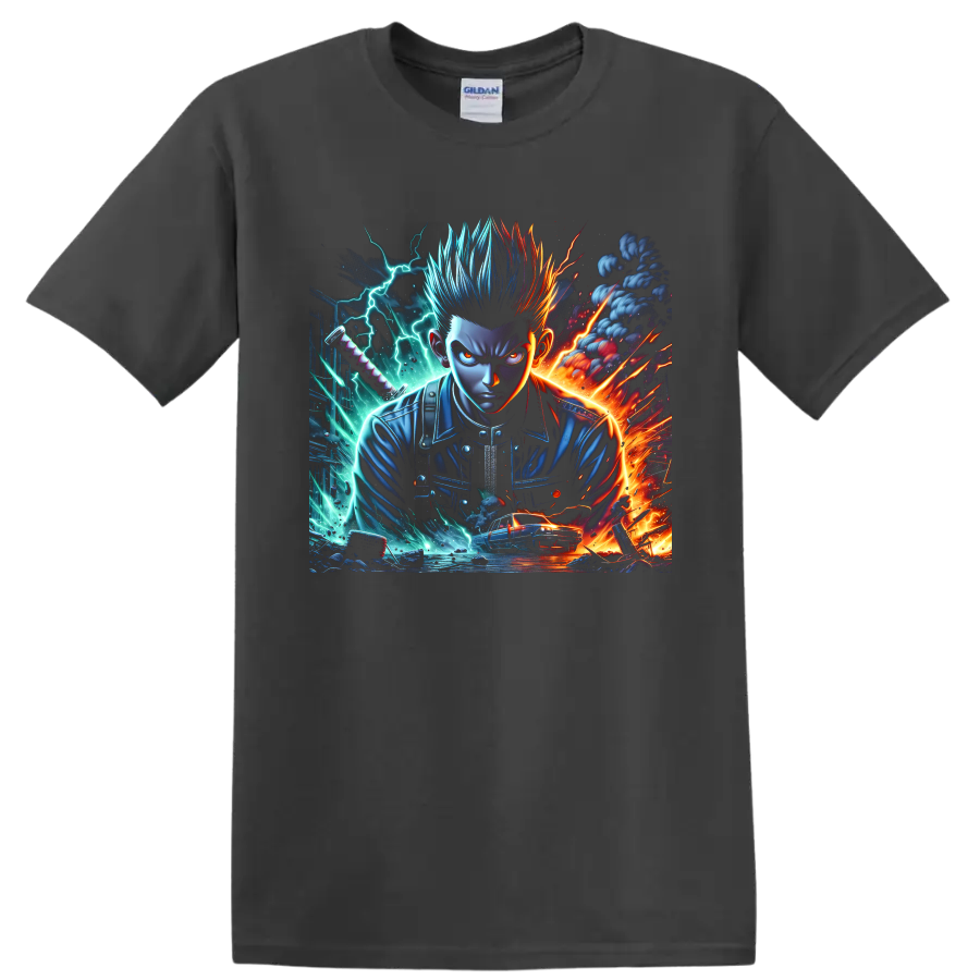 Gaku anime fighter graphic with blue and red hair, lightning, fire, sword hilt, and car on a Charcoal T Shirt