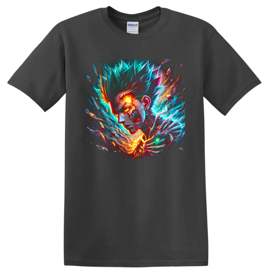 Cosmic Garou neon energy portrait with blazing eye, lightning, flames, and shards on a Charcoal T Shirt