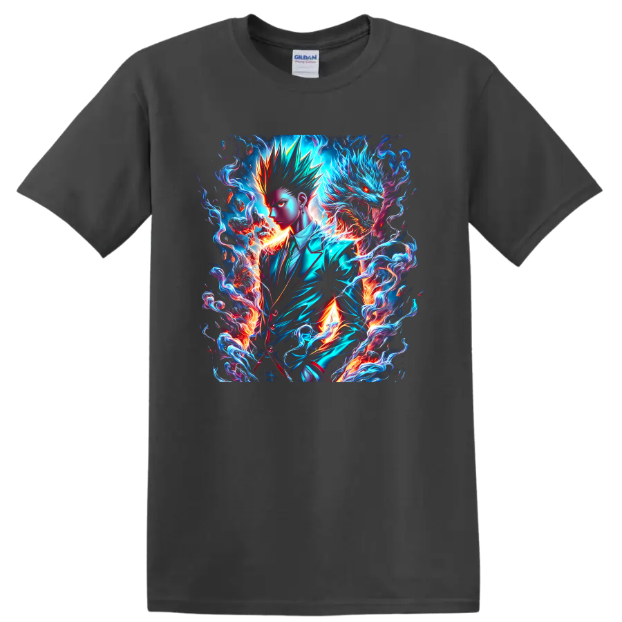 Kaji Takaomi neon fantasy art with a blue dragon, flames, and swirling energy on a Charcoal T Shirt