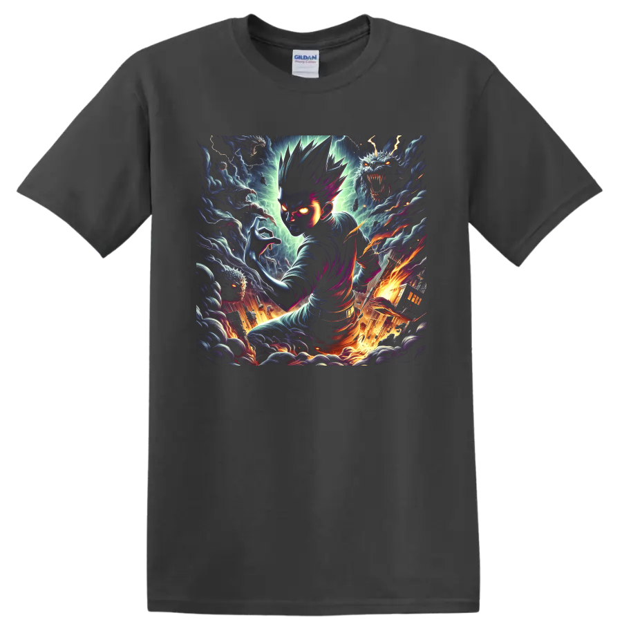 Glowing-eyed anime fighter with shadow beasts, lightning, and fiery fantasy art on a Charcoal T Shirt