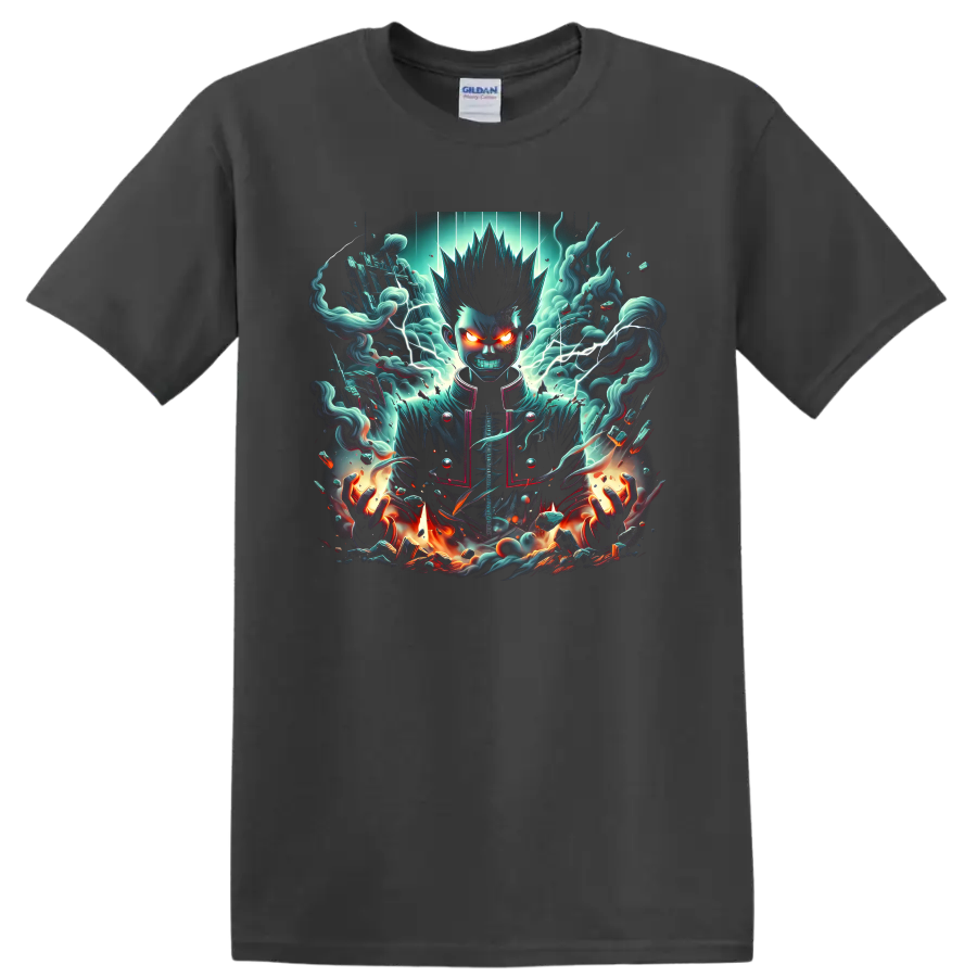 Shigeo Kageyama dark psychic anime art with lightning, teal vapor, and flames on a Charcoal T Shirt