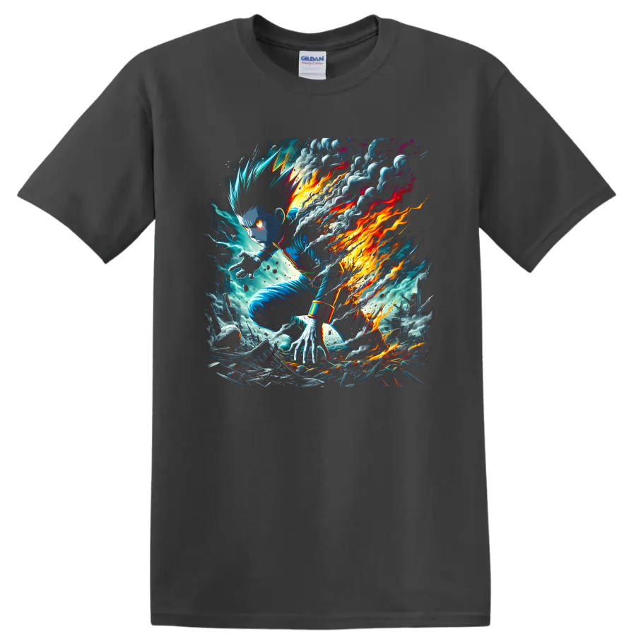 Killua Zoldyck action artwork with blue lightning, smoke, and blazing energy on a Charcoal T Shirt