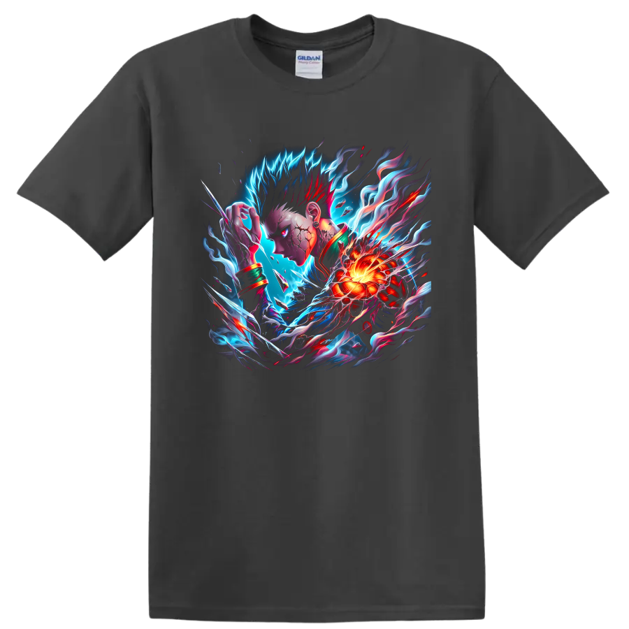 Lord Boros-inspired anime warrior with glowing energy core and cosmic battle effects on a Charcoal T Shirt