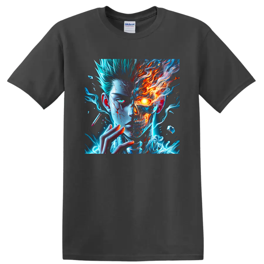 Dabi split-face cyberpunk graphic with blue energy, flames, and skeletal skull detail on a Charcoal T Shirt