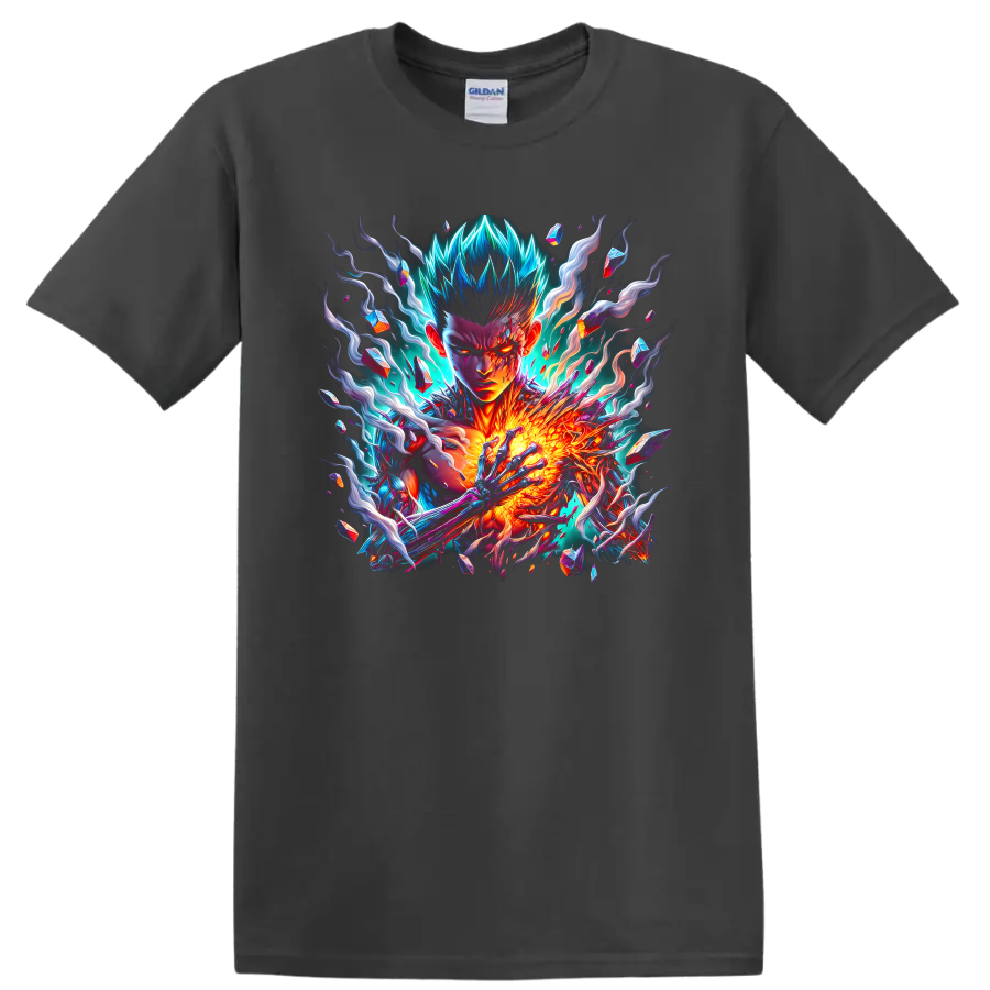 Cosmic Garou neon energy anime artwork with crystal shards and fiery cosmic effects on a Charcoal T Shirt