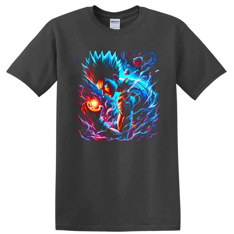 Garou warrior with neon blue energy, flame orb, and shards in vivid anime art on a Charcoal T Shirt