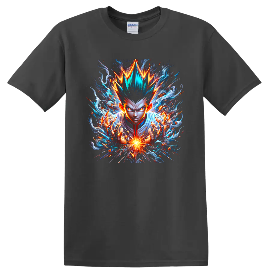 Gon Freecss with spiky hair and radiant energy in dramatic anime action art on a Charcoal T Shirt