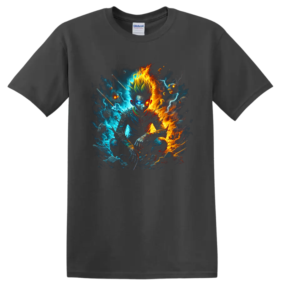 Hunter × Hunter elemental warrior graphic with blue lightning and orange flames on a Charcoal T Shirt