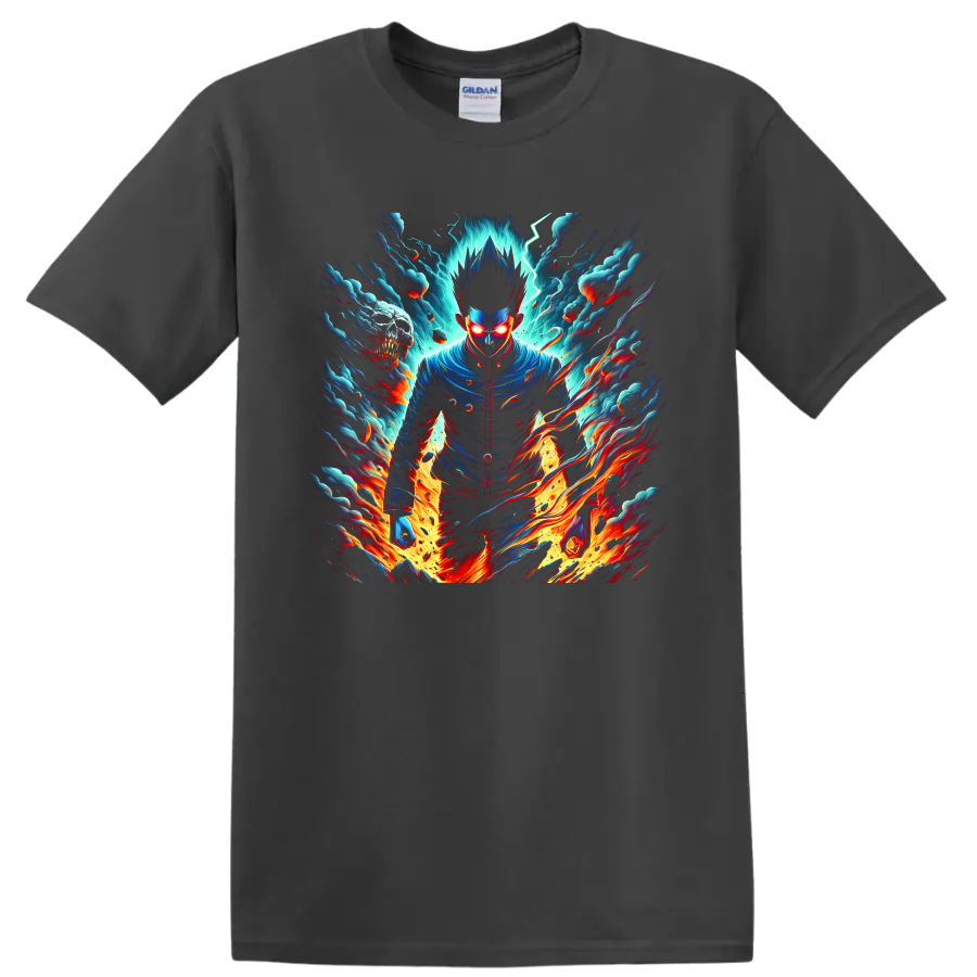 Shigeo Kageyama psychic energy anime graphic with lightning, clouds, and flames on a Charcoal T Shirt