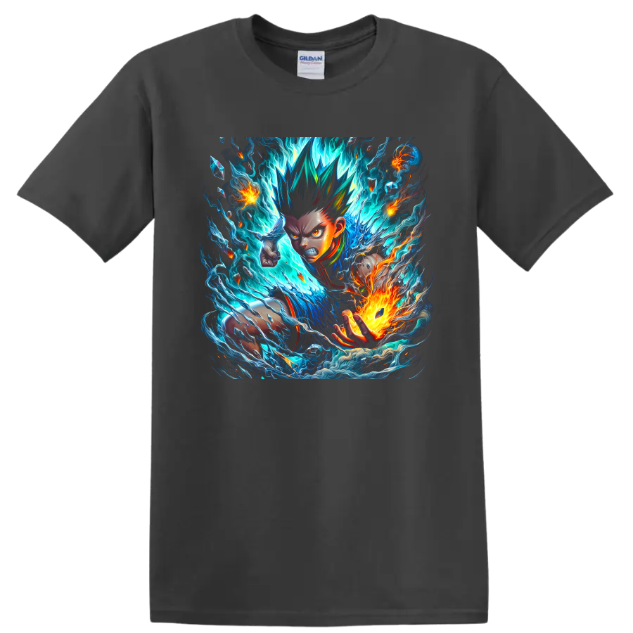 Adult Gon Freecss anime art with blue energy waves and orange fire on a Charcoal T Shirt