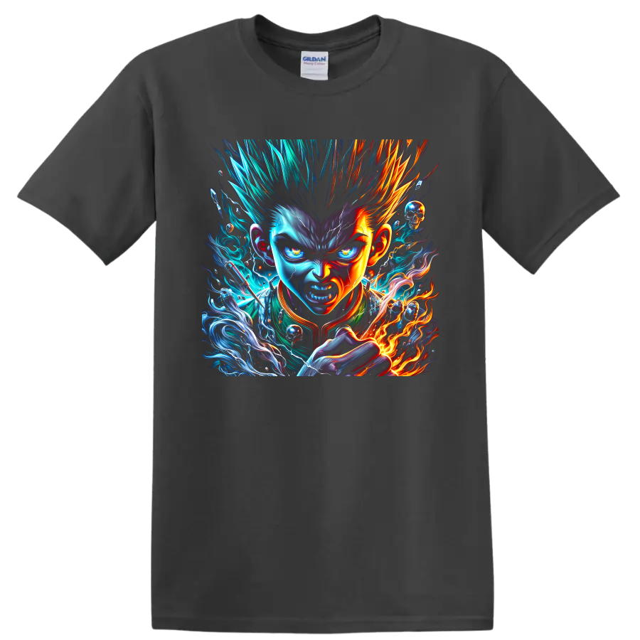Fierce anime warrior portrait with blue lightning, orange fire, smoke, and skull accents on a Charcoal T Shirt