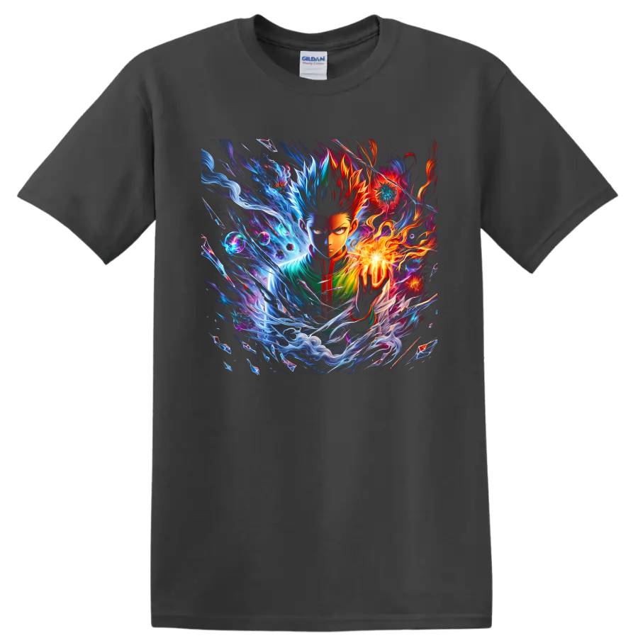 Gon Freecss and Killua Zoldyck elemental anime energy graphic with flames and blue waves on a Charcoal T Shirt