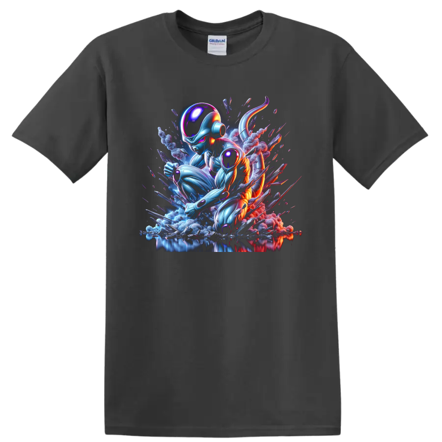 Metal Cooler cybernetic battle art with glowing armor, smoke, and shattered fragments on a Charcoal T Shirt