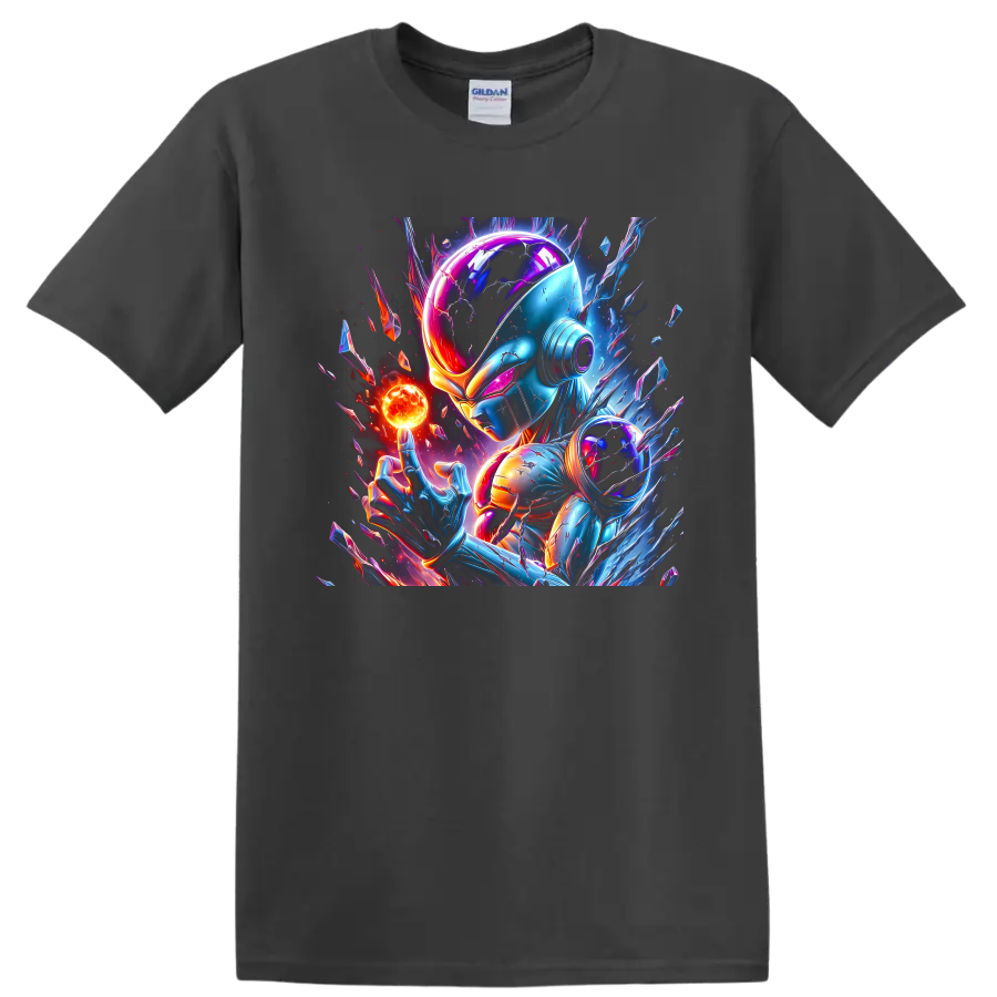 Frieza Dragon Ball cyberpunk art with glowing energy orb and cosmic crystal shards on a Charcoal T Shirt