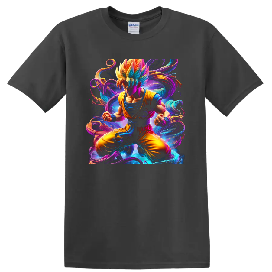 Goku Super Saiyan anime artwork with swirling neon energy and cosmic background on a Charcoal T Shirt